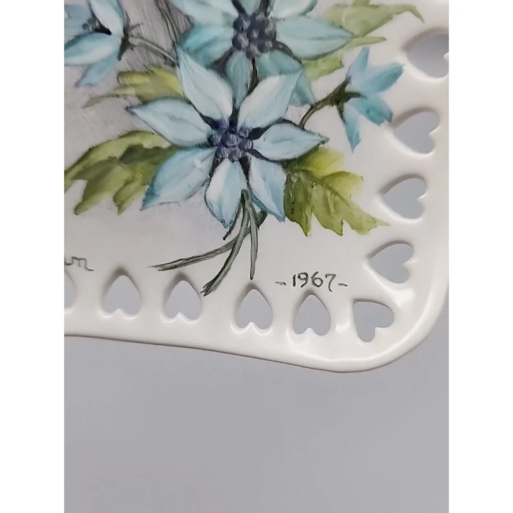 VTG Hand Painted Blue Floral Porcelain Square Dish Heart Cutouts 1967 Original